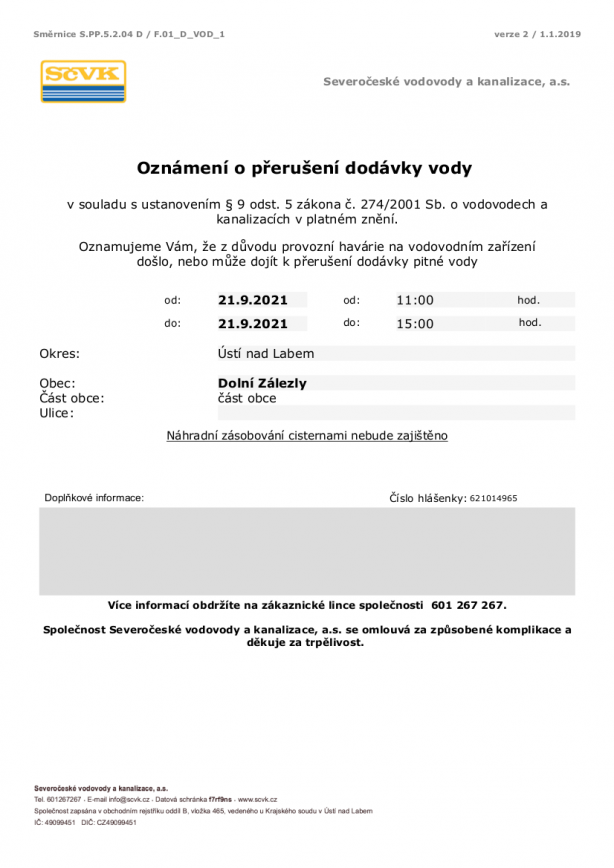 Odstávka vody 21.9.2021