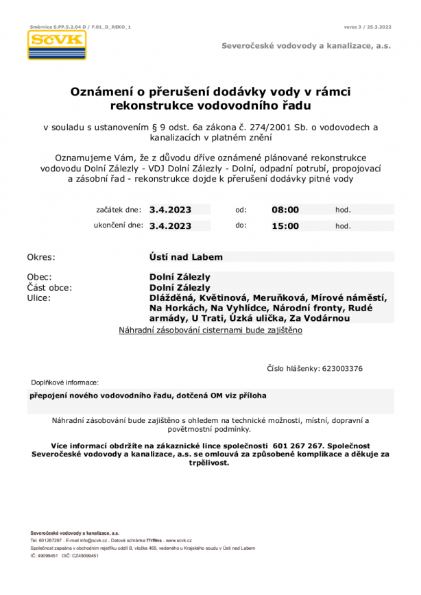 přerušení dodávky pitné vody